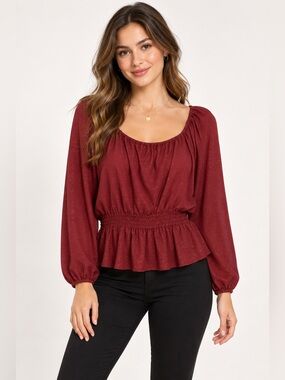 🩷.   611.   Lauren Conrad Burgundy Shimmer Long-Sleeve Peplum Blouse